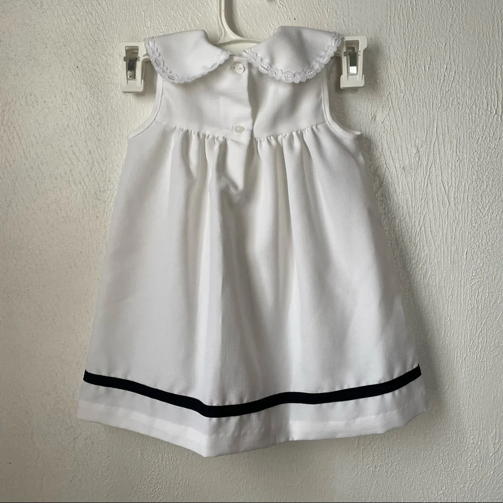 Vintage Rare Editions Girls White/Navy Blue Long Sleeve Apron Bib Dress Sz 3T